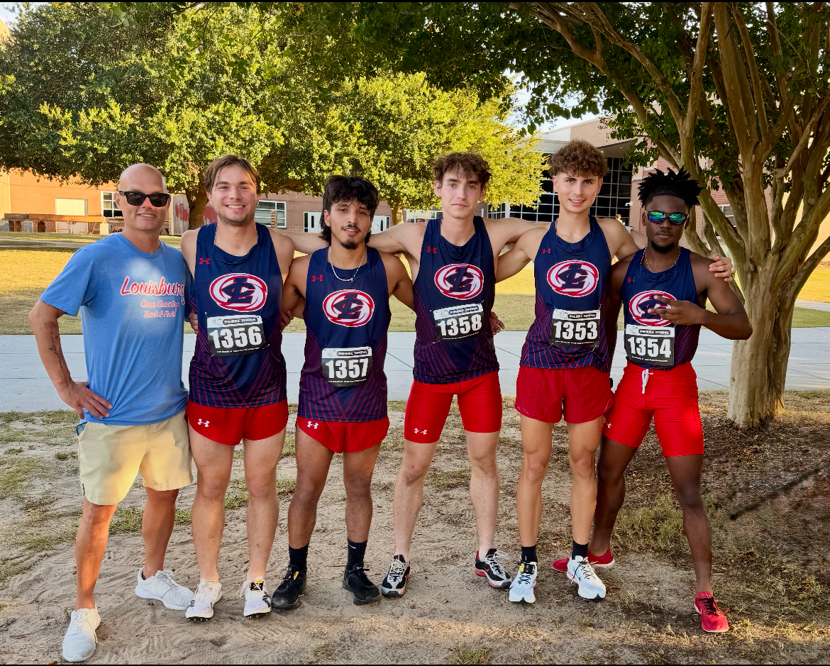 Louisburg College Cross Country Team with Head Coach Marshall Leonard